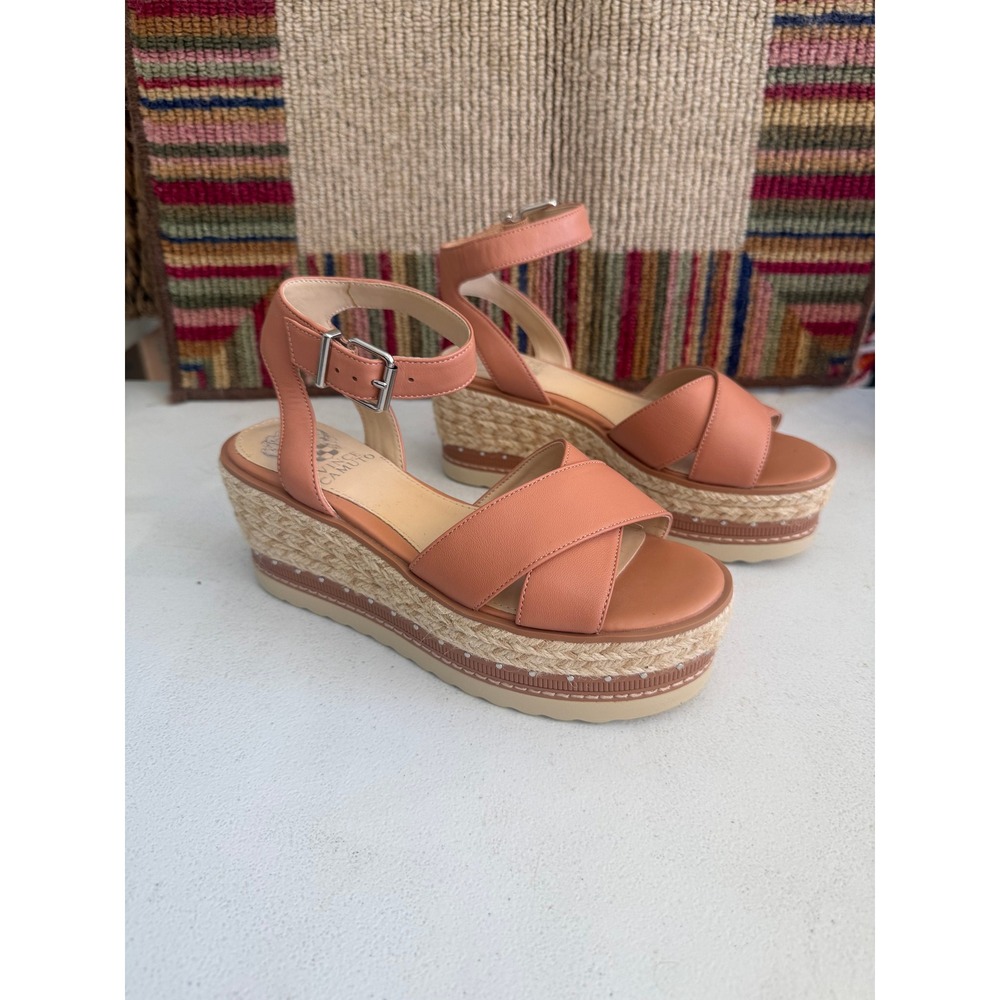 Vince Camuto Tan Leather Espadrille Platform Wedge Sandals Ankle Strap 6M 36.5